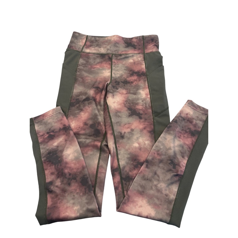 Lands End Women Tie Dye High Waisted Active Leggings Olive Mauve Pockets S/T 6-8